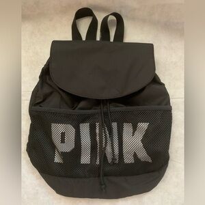 Victoria's Secret PINK Black Backpack Drawstring Mesh School Gym Bag NWT